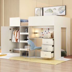 Full Size Loft Bed with Built-in Wardrobe, Desk, Storage Shelves and Drawers