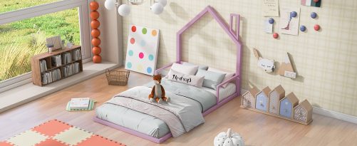 Twin Size Metal Floor Bed with House-shaped Headboard