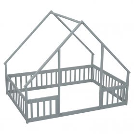 Full Wood House-shaped Floor Bed With Fence, Guardrails
