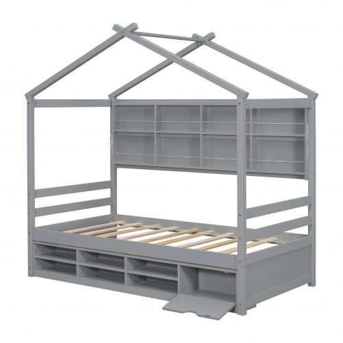 Twin Size House Bed With Roof Frame, Bedside-shelves, Under Bed Storage Unit
