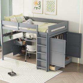 Full Size Wooden Loft Bed With Wardrobe, Desk, Drawers, and Shelves