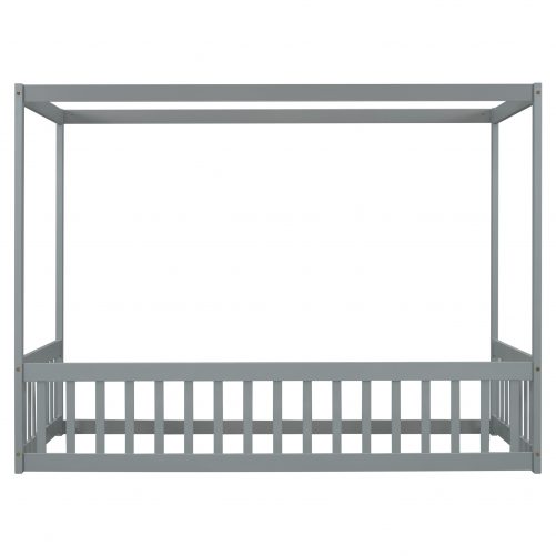 Twin Size Canopy Frame Floor Bed with Fence, Guardrails