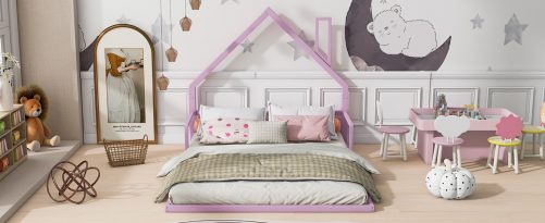 Full Size Metal Floor Bed with House-shaped Headboard