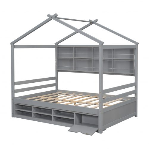 Full Size House Bed With Roof Frame, Bedside-shelves, Under Bed Storage Unit