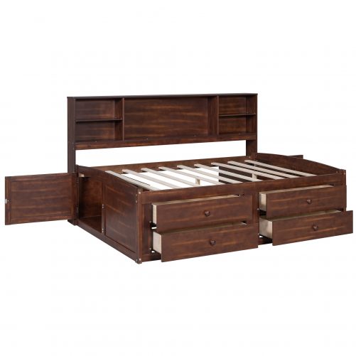 Full Size Wooden Captain Bed with Built-in Storage Shelves, 4 Drawers and 2 Cabinets