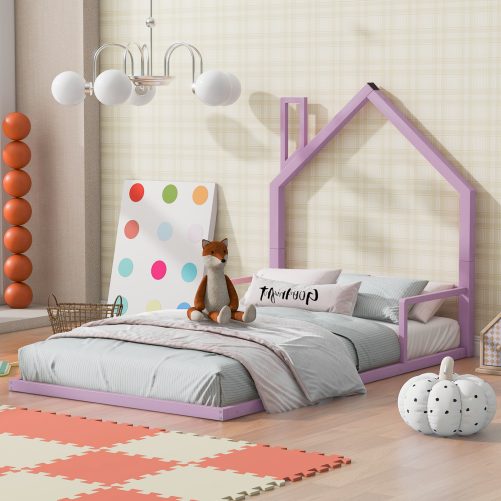 Twin Size Metal Floor Bed with House-shaped Headboard