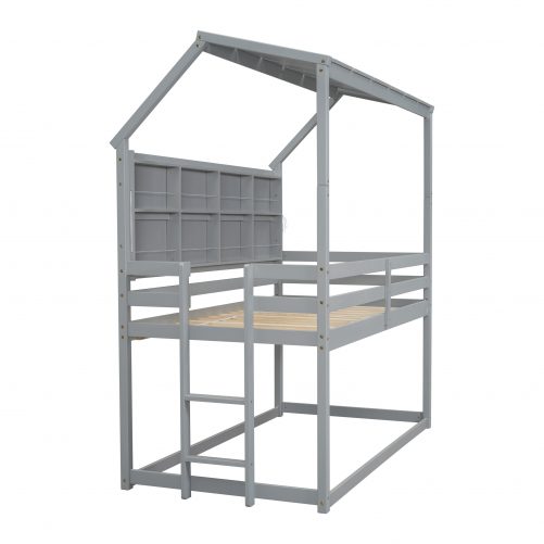 Twin House Loft Bed with Guardrails, Semi-enclosed Roof, Bedside Shelves and Ladder