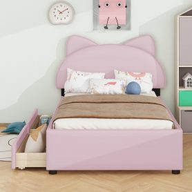 Twin Size Upholstered Platform Bed with Cartoon Ears Shaped Headboard and 2 Drawers