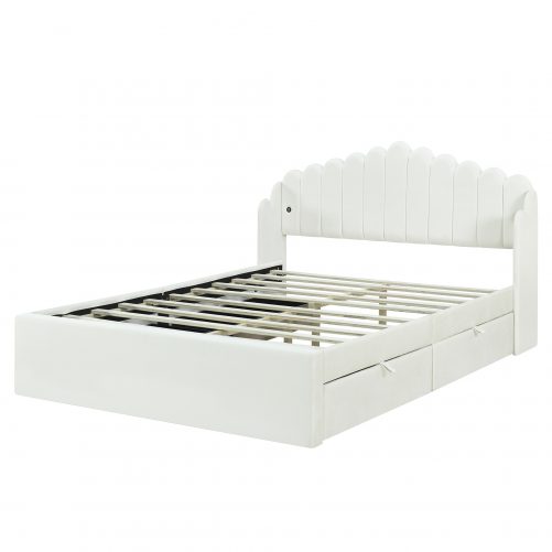 Queen Size Upholstered Platform Bed with 4 Drawers and 2 USB