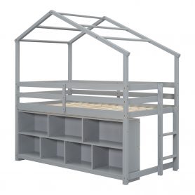 Twin House Loft Bed with Roof Frame, Under Bed Shelving Storage Unit, Guardrails, Ladder