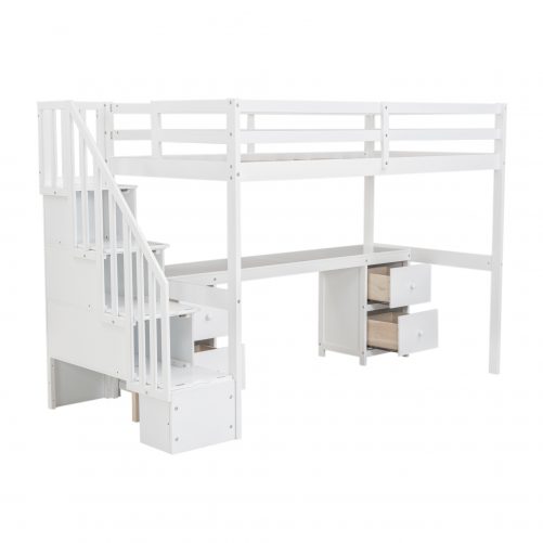 Twin Size Loft Bed Frame with Built-in Desk and Double Storage Drawers