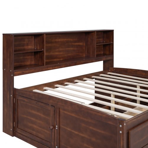 Full Size Wooden Captain Bed with Built-in Storage Shelves, 4 Drawers and 2 Cabinets