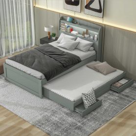 Full XL Size Platform Bed with Storage LED Headboard, Charging Station, Twin Size Trundle and 2 Drawers