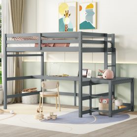 Full Loft Bed With Built-in Desk, Ladder Platform, Ladders, and Guardrails