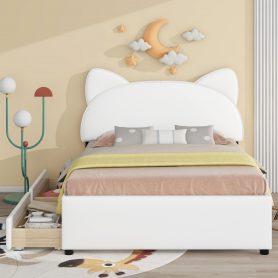 Full Size Upholstered Platform Bed with Cartoon Ears Shaped Headboard and 2 Drawers
