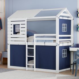 Twin Size Bunk Wood House Bed with Tent