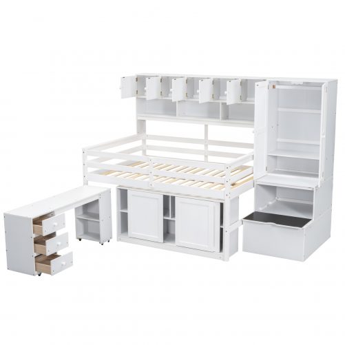 Full Size Wooden Loft Bed Big Storage With Under-Bed Desk, Drawers and Shelves