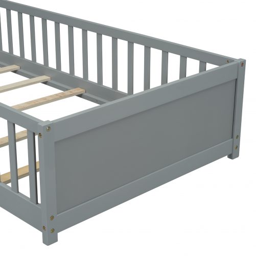 Twin Size Floor Platform Bed With Built-in Book Storage Rack and Door