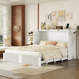 Queen Size Murphy Bed With Drawer And A Set Of Sockets & Usb Ports, Pulley Structure Design, White