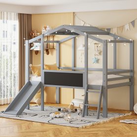 Twin Size Loft Bed With Ladder And Slide, House Bed With Blackboard And Light Strip On The Roof