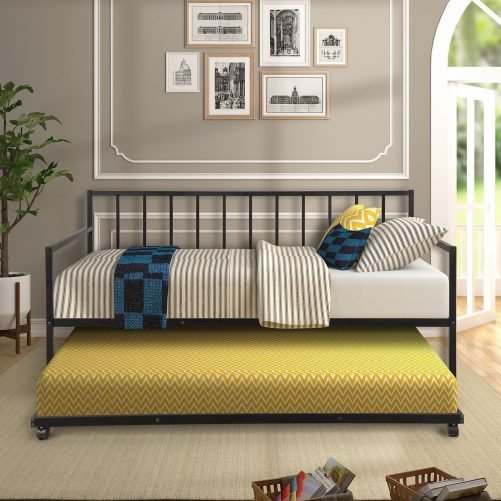 Twin Daybed with Trundle Multifunctional Metal Lounge Daybed Frame for Living Room Guest Room