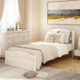 Platform Twin Bed Frame with Storage Drawer and Wood Slat Support